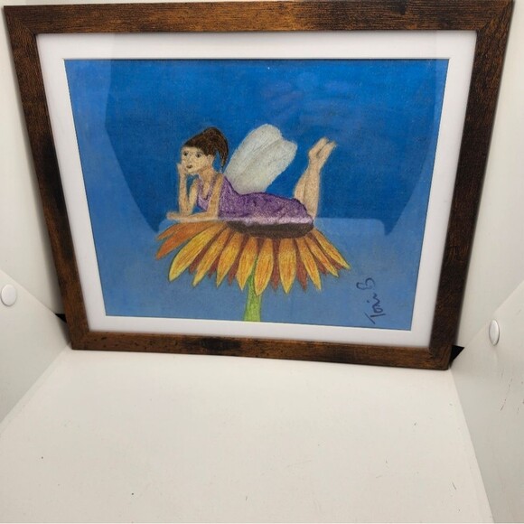 Handmade Framed Pencil Art Fairy on a Sunflower Original  Colored  Drawing - Picture 1 of 14